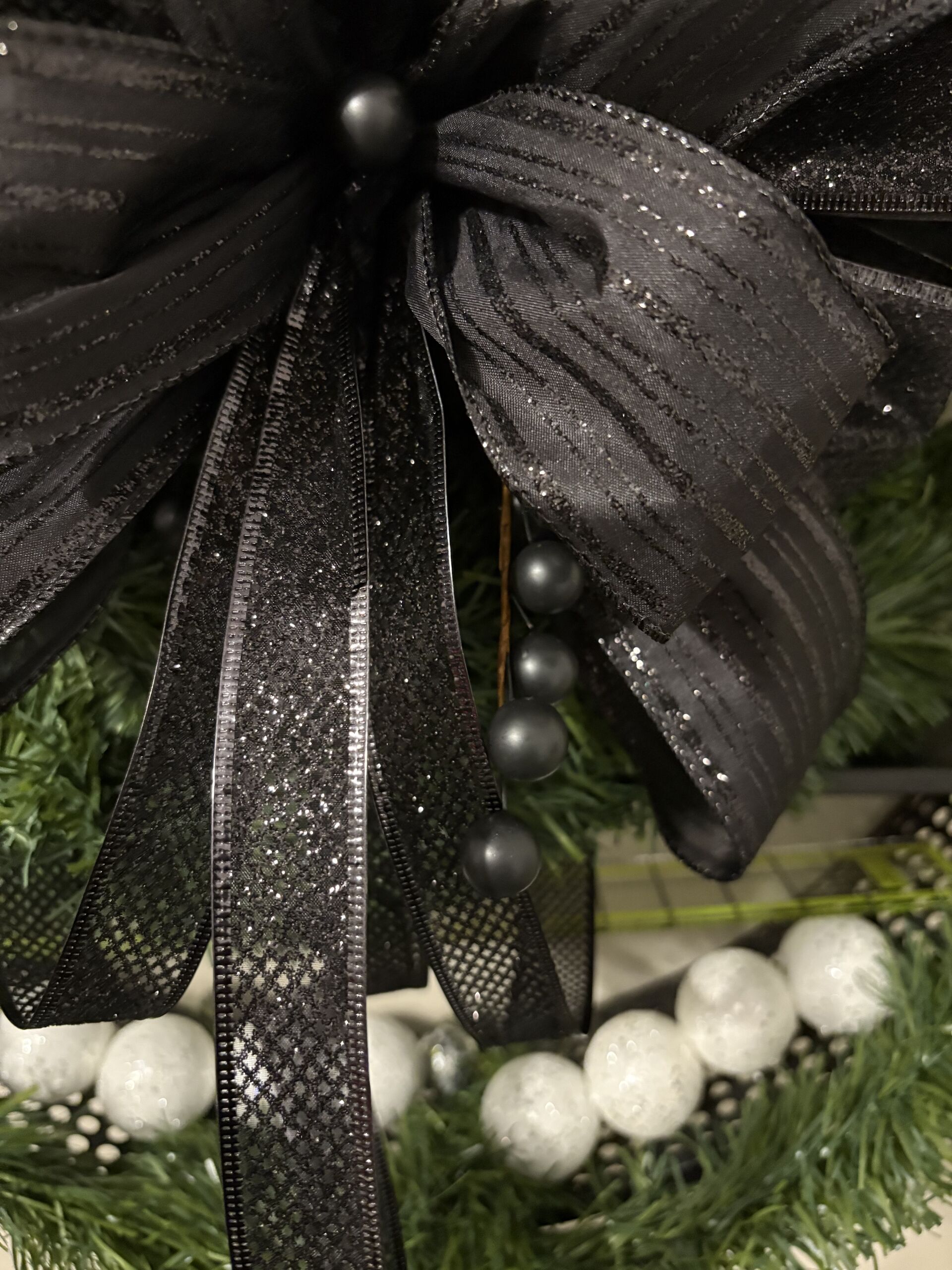 Black Glitter Christmas Bow with Berries - Image 3